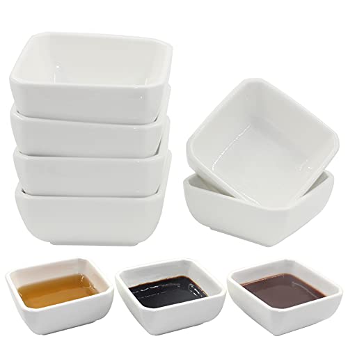 YBCPACK Paquete de 6 5 onzas de ramekin, platos blancos de ramekins cuadrados, platos para servir aperitivos, juego de cuencos de porcelana mini cuencos de salsa de soja para soja, salsa de tomate Cover