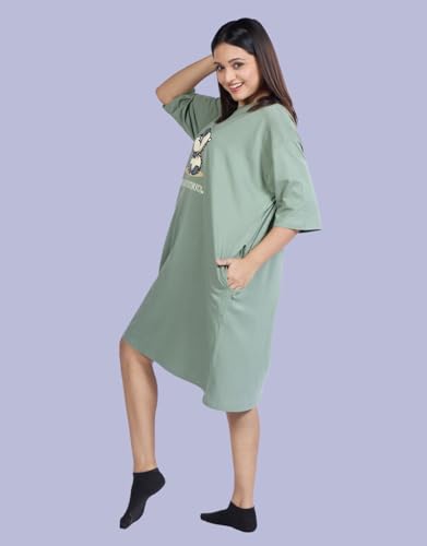 Image of LAMA STORE Women's Printed Oversized T-Shirt Dress, Cotton, 3 /4 Sleeve Length, Casual Loose Fit, Comfort Wear Extra Comfy Oversized Printed Pocket T-Shirt Dress