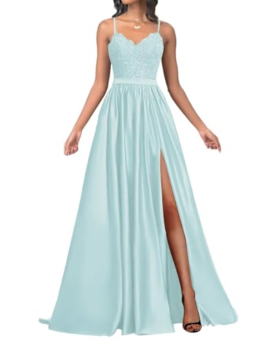 Infuness Robe De Bal en Satin Oour Femme Longue Bretelles Spaghetti Appliques en Dentelle Robe De Bal avec Fente