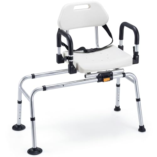 COSTWAY Banc de Transfert Baignoire Coulissant, Chaise de Douche Antidérapant, Hauteur Réglable 5 Niveaux, Accoudoirs Relevables, Sièges de Douche Pivotant pour Âgées Handicapées Enceintes