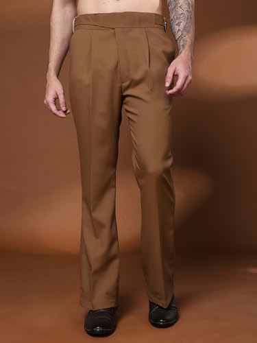 Image of Mens Beige Gurkha Pants with Classic Buckle Closure Premium Casual Bell Bottom Trousers for Men High Waist Pleated Formal & Casual Wear Pant Stylish Retro Flared Bottom Pant