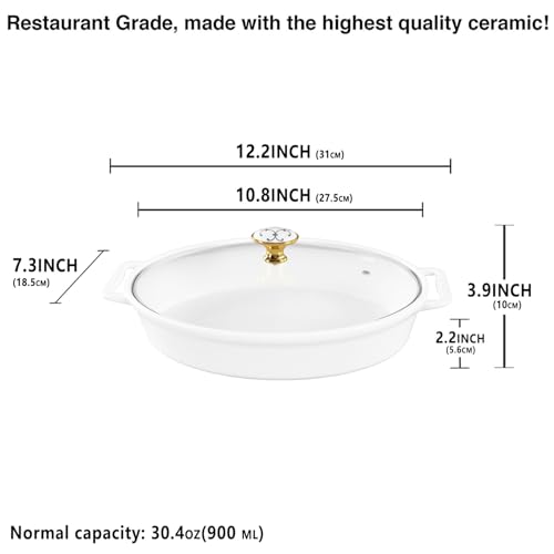 jinsongdafa 10" x 7" Ceramic Oval Casserole Dish with Glass Lid, 30 Ounce White Serving Soup Tureen,Chafing Dish for Buffet, Family Food preserve Tray, Catering Casserole for Party Style