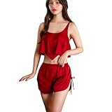 [Agnel x] セクシー ルームウェア キャミソール ショートパンツ セットアップ サテン 光沢 フリルトップ ショーツ リラックス ナイトウェア ブラック ホワイト ピンク グリーン レッド グレー X103 コスプレ 過激 変態レディース X103 (ワインレッド, Free)
