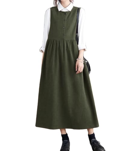 Image of chouyatou Women's Cute Sleeveless Corduroy Overall Dress Jumper Midi Babydoll Tank Dress with Pockets