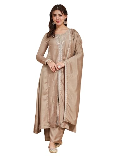 Image of MOKOSH Women's Silk Embroidery Anarkali Kurta Pant with Dupatta | Anarkali Kurta Set | Round Neck Full Sleeve Ethnic Suit | Indian Kurta Outfit with Pant | 3 Piece Outfit