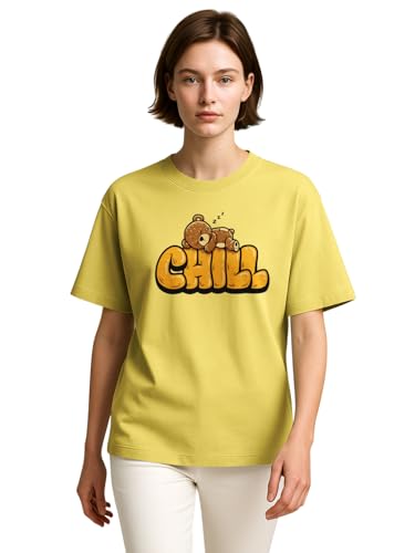 Image of HELLCAT Beige Trendy Printed Oversized T-Shirt for Women