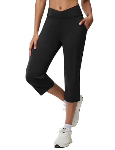 Emlovm Women's Capri Pants for Casual Summer Petite Capris with Pocket Loose Fit High Waisted Straight Cropped Pants Dressy Lounge Yoga Black S