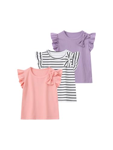 Image of Girls 4 Packs Tees Ruffle Short Sleeve T-Shirt Ribbed Knit Casual Summer Tunic Tops 4-12 Years