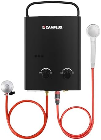 Camplux AY132B Calentador de Agua de Gas sin Tanque con Asa Plegable Portátil, 5L/min, para el Viaje, RV, Campamento, Caballos, Negro