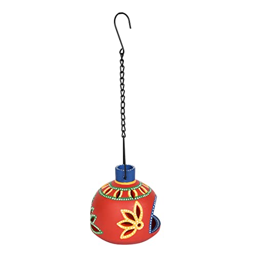 Image of AAKRITI ART CREATIONS Terracotta Handpainted Red Matki Hanging Tea Light | Floral Art Handmade Hanging Decor | Matte Finish Terracotta Decorative Hanging Items for Home | Handpainted Decor