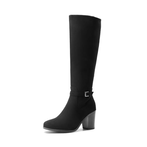 DREAM PAIRS Women's Knee-High Boots Comfortable Chunky Block Heel Side Zipper 7.5 Black-suede