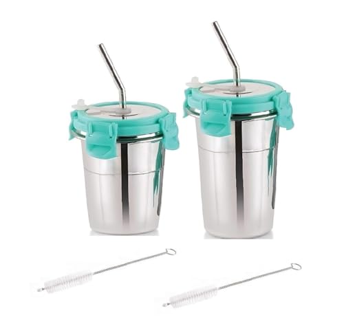 Image of Stainless Steel Fusion Glass Tumbler with Stainless Steel Metal Straws and Cleaning Brush with Steel Lid (SIP Easy 2) 250ml+400ml