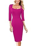 VFSHOW Womens Hot Pink Spring Fall Square Neck Work Office Business Casual Cocktail Party Bodycon Pencil Sheath Dress 9359 HPIK L