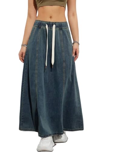 Women Casual Elastic Waist Jeans Long Skirts High Rise A Line Flare Denim Maxi Skirt