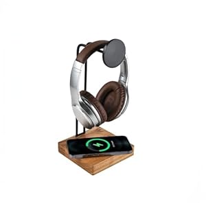 Sea Wolf Engraving Headphone Stand with Wireless Charger – Handmade Minimalistic Headset Holder & Charger for Qi-Enabled Devices (Natural Ashwood + Engraving)