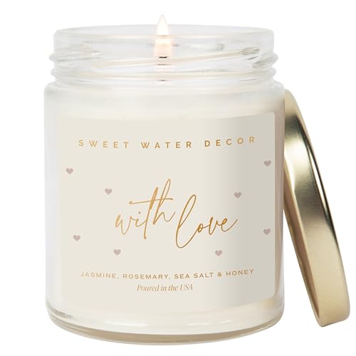 Sweet Water Decor with Love Candle Thoughtful Gift Jasmine Rosemary Sea Salt & Sweet Honey Scented Soy Wax Candle for Home Wedding Gift 9oz Clear Jar 40 Hour Burn Time Made in the USA