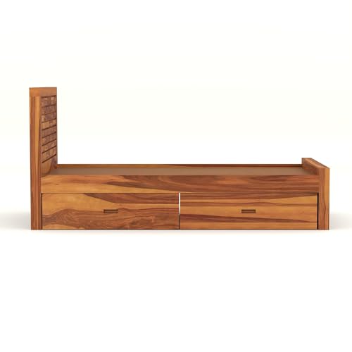 Image of Solid Sheesham Wood Single Size Bed with 2 Drawer Storage Wooden Single Cot Bed for Home Living Room Bedroom Guest Room Hotel (Honey, Size 6 * 4)