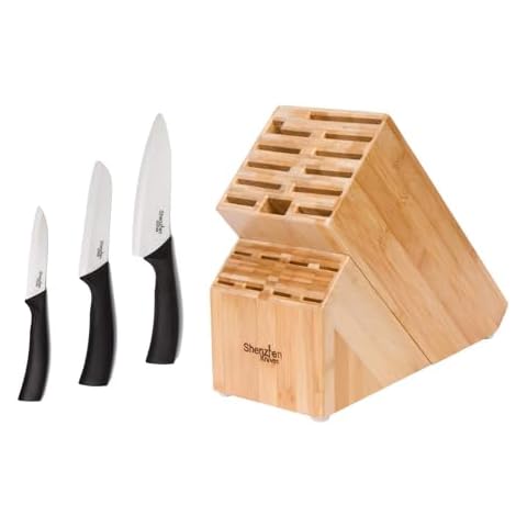 Shenzhen Knives - 20 Slot Universal Knife Block: X-Large AND White Ceramic Knife Set - 3-Piece (2 Pack Bundle) Cover
