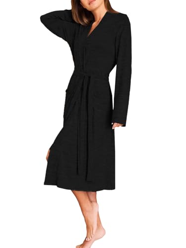 NLAND Peignoir Femme Léger Robe de Chambre Longue Col en V Doux et Confort Sortie de Bain Légère Vêtements de Nuit(Noir,L)