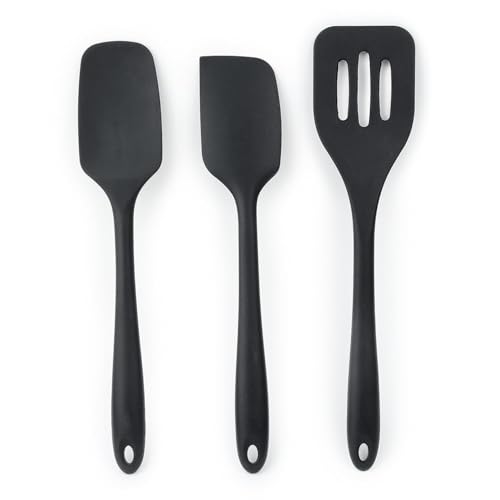 Image of ZELKEY Premium Silicone Spatula Set of 3, Large Heat Resistant Spatula for Cooking, Baking and Mixing, Non-Stick Cookware for Kitchen, BPA Free, Flexible, Seamless Design, Deluxe, (Black).