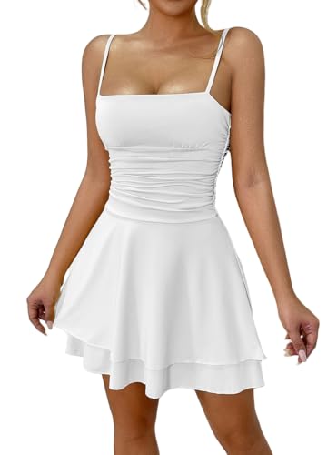 Belriviere Women Sexy Spaghetti Strap Tank Dress Basic Casual Backless A-line Club Party Mini Skater Dress XS White Belriviere Women Sexy Spaghetti Strap Tank Dress Basic Casual Backless A-line Club Party Mini Skater Dress XS White