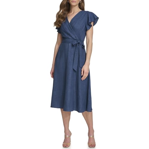 Image of DKNY Women's Flutter Sleeve Tie Fit & Flare Midi Dress