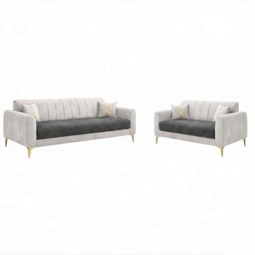 Image of Hermione Luxe Velvet-Suede Fabric 3 Seater + 2 Seater Sofa Set | Golden Legs | Comfortable & Spacious Seating | Modern Sofa Set for Living Room - Dark Gray & Light Gray