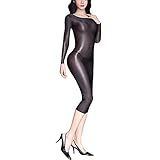 Agoky Women's One Piece Shiny Glossy Bodycon Dress Bodystocking Highly Elastic Nightwear Dresses Black One Size