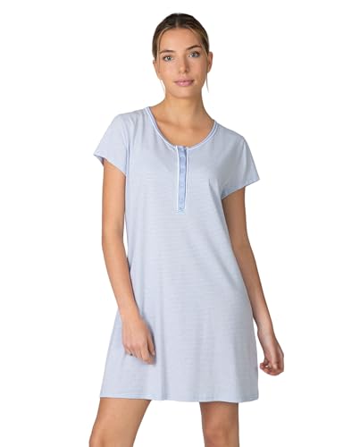 MASSANA Camisón de Verano para Mujer, Modelo L267247, Rayas Finas, Cuello Redondo con Botones, Manga Corta, Color Celeste (L)