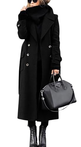 chouyatou Women's Winter Double Breasted Wool Coat Business Casual Long Winter Pea Coat with Belt (Large, Black)