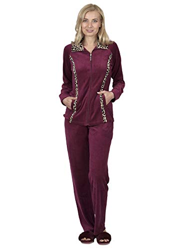 RAIKOU Damen Hausanzug Velours Nicki Trainingsanzug Freizeitanzug mit Reißverschluss (Brombeer,40/42)