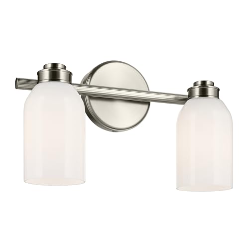 Image of Kichler Shae 2-Light Bathroom Vanity Light, Brushed Nickel | White opal glass vanity light for modern bathroom mirrors (15 inch x 9 inch), 55201NI