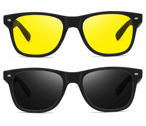 Image of Combo of Night Driving HD Vision Glasses with Diamond Cut Design and Black Daytime UV400nm Sunglass for Men Women Anti Glare For Night Bike Riding Car driving