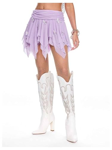 Verdusa Women's 3D Butterfly Ruffle Skirt Ruched Sheer Mesh Asymmetrical Y2K Mini Skirts3