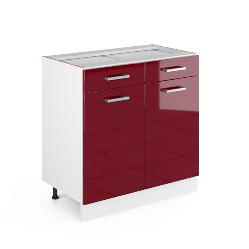 Vicco Meuble Bas Universel R-Line, Rouge Bordeaux Haute Brillance, 80cm avec tiroirs et Portes, sans PT, adapté au Rangement Peu encombrant dans Les Cuisines...