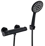ODOMY Duscharmatur Duschthermostat Brausethermostat Set Schwarz für Dusche mit Thermostat Handbrause und Halterung Mischbatterie mit 38 °C Sicherheitstaste aus Messing Edelstahl mit 1/2 Zoll Anschluss