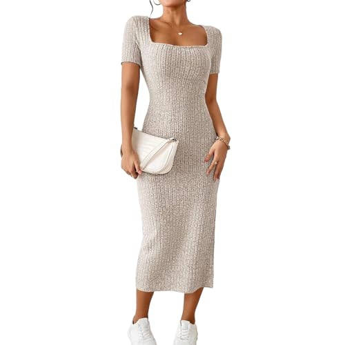 Vestido largo bodycon de manga corta con cuello cuadrado para mujer