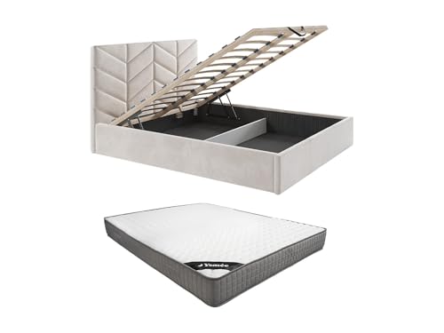 Vente-unique - Cama con canapé abatible 2 plazas Justani - poliéster - Crema