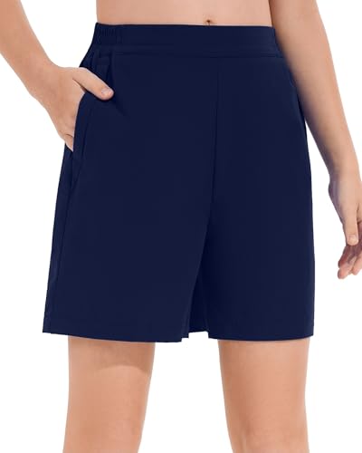 Hvididan Girls Athletic Shorts Kids High Waisted School Uniform Shorts Summer Casual Long Shorts with Pockets for Teen 9-10 Girls Navy Blue