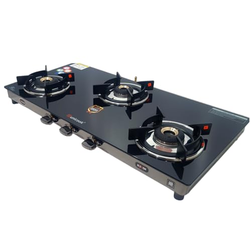 Image of Unicook Ultra Slim 3 Burner Gas Stove | Auto Ignition | Forged Brass Burners | 6mm Glass Cooktop | ISI Certified | 3 Years Warranty on Glass & Burners + 2 Year Comprehensive Warranty