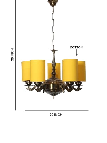 Image of Devansh 05 Lights Yellow Round Cotton Shade with Antique Golden Chandelier