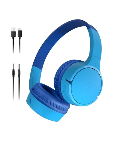 Belkin SoundForm Mini kabelloser Kinderkopfhörer mit integriertem Mikrofon und lustigen Aufklebern, 30 Std. Wiedergabe – Over-Ear-Kopfhörer für Unterricht, Ferien, iPhone, iPad, Galaxy – Blau
