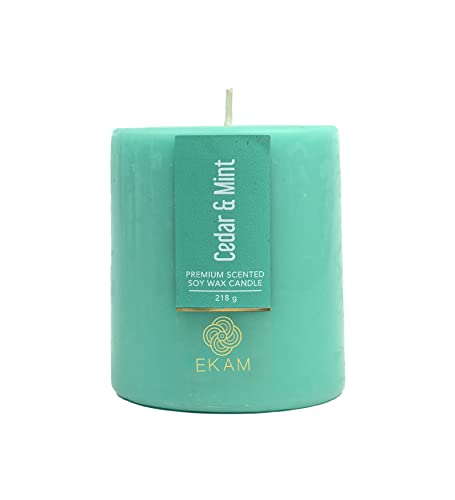 Image of EKAM Cedar & Mint Pillar Soy Wax Scented Candle, 218 Grams, 30 Hours Burn Time, Long Lasting Premium Candles, Ideal for Home Decor, Gifting & Aromatherapy