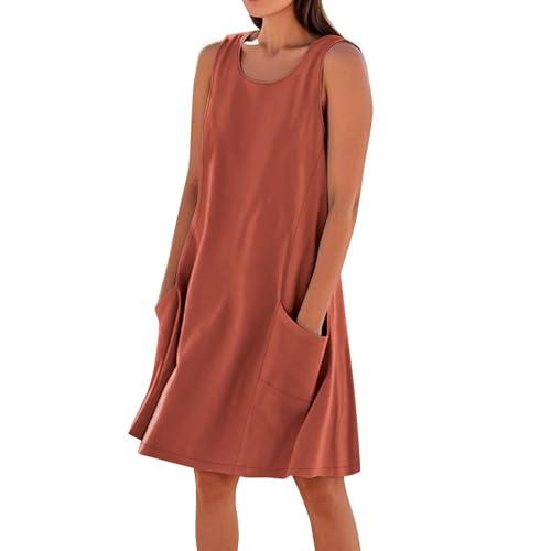 Vestidos cortos de verano de lino y algodón sin mangas para mujer, con bolsillos y tirantes, talla grande, tendencia, naranja, 3XL