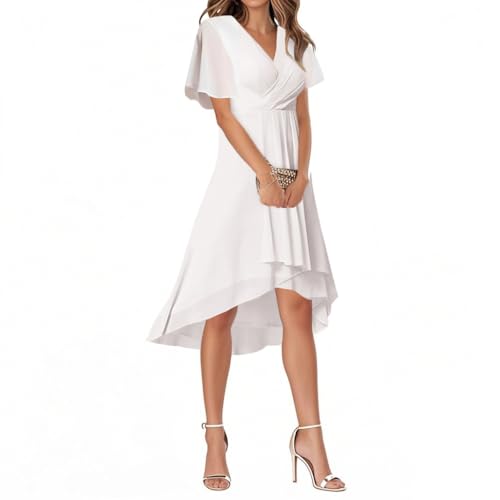 Minetom Abendkleider Damen Elegant Chiffon V-Ausschnitt Für Hochzeit Knielang A-Line Cocktailkleid High Low Festliche Kleider Vokuhila...