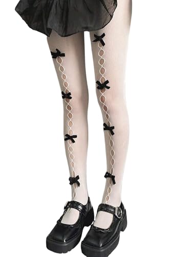 Amazleer Womens Lolita Tights with Bows Mesh Hallow Harajuku Stockings Lace Stockings Leggings (US Alpha One Size Regular Regular White Black)