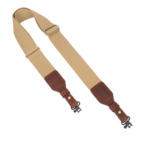 TOURBON Canvas Leather Gun Sling for Rifle, 2-inch Wide Shotgun Strap with Swivels, Easy-Adjust Hunting Sling for Outdoor (Khaki with Swivels)