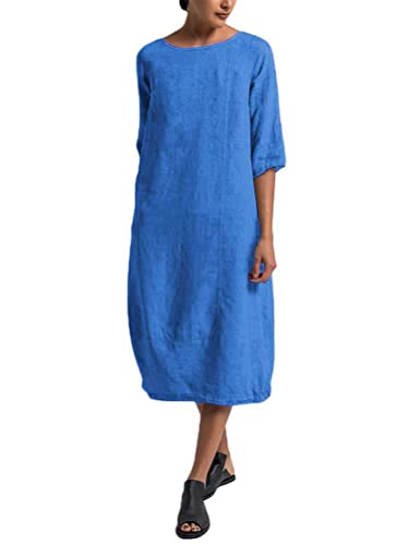 Minetom Damen Freizeit Kleider Leinenkleider 1/2 Ärmel Rundhals Einfarbig...