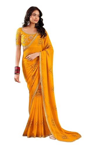 Image of SIRIL Women's Georgette Bandhani Printed, Embroidery Lace Saree With Unstitched Blouse Piece