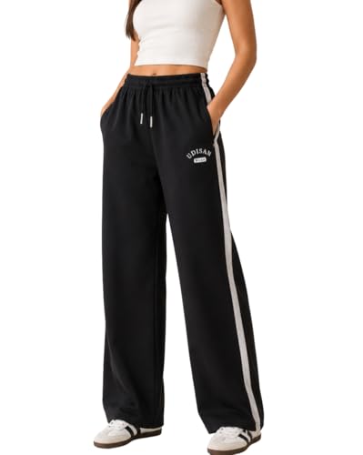 Image of Women's Wide Leg Track Pants with Elastic Waist & Drawstring | Soft Breathable Relaxed Fit Trousers | Casual Lounge Travel Wear for Women & Girls